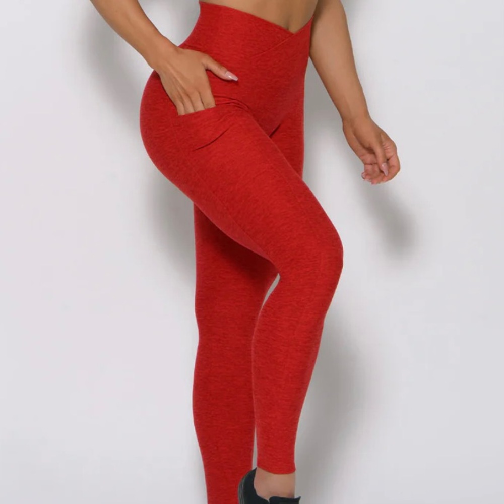 Bombshell Sportswear Red Contour V Waist Leggings with Side Pockets